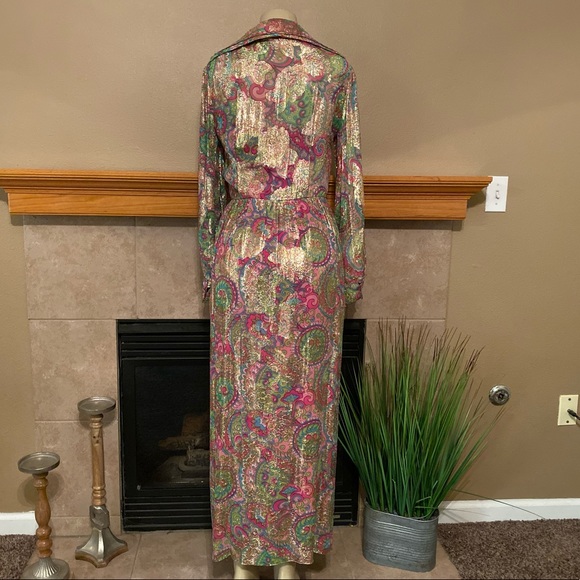 Vintage Harmay Chiffon metálico Floral Long Dress METALLIC - Picture 5 of 9